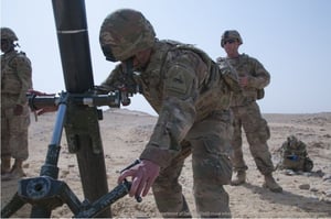 Pictured is a U.S. Soldier aiming a 120mm mortar system during an exercise in Oman in 2018. Image courtesy of DVIDS.