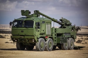 Elbit America's Autonomous Truck Mounted Ordnance System (ATMOS) Iron Sabre is a 55mm mobile howitzer system.