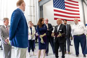 U.S. Rep. Nancy Mace and Elbit America President & CEO Raanan Horowitz chat during a ribbon-cutting in North Charleston, South Carolina on May 8, 2023.